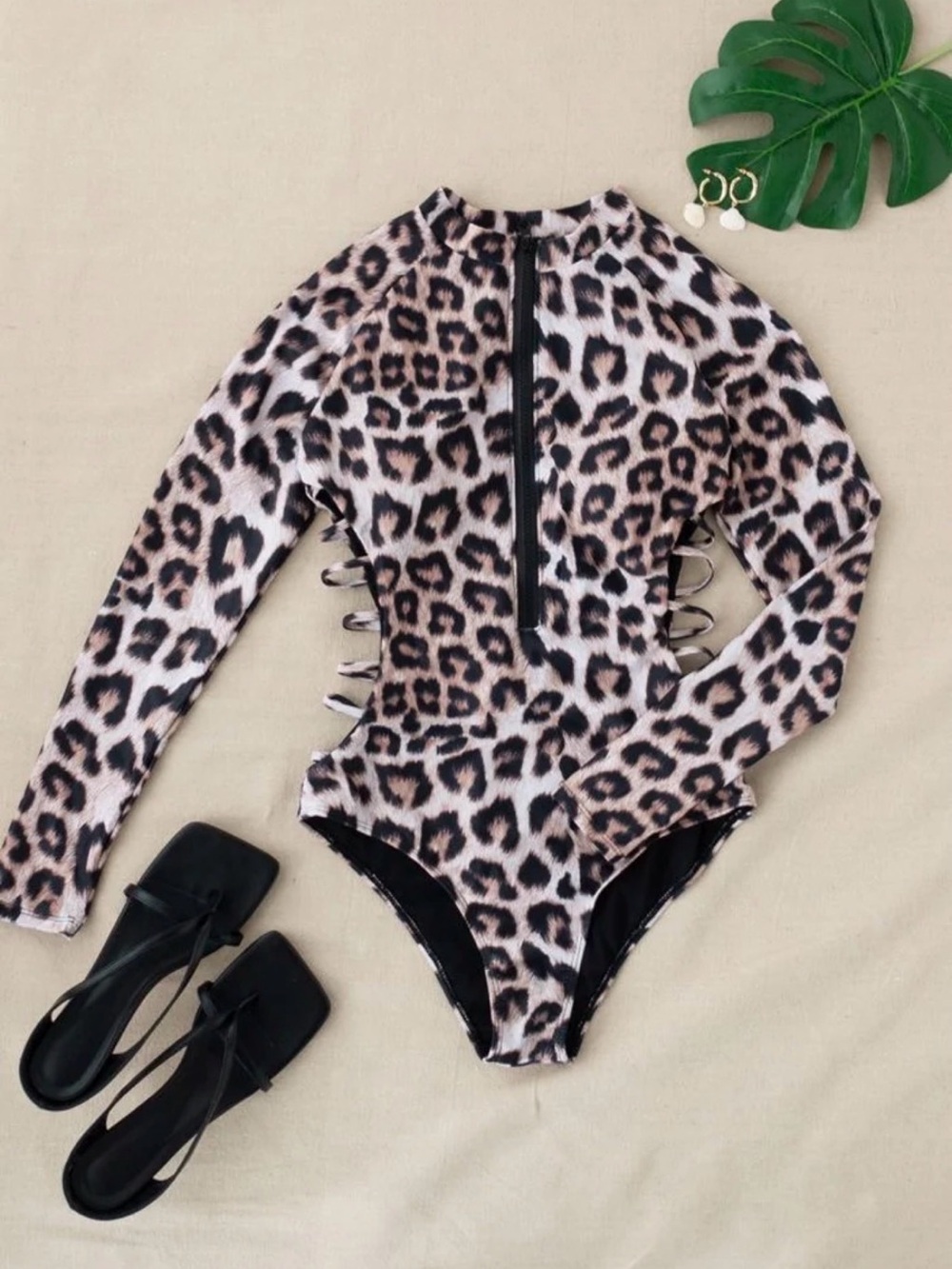 Leopard Print Long Sleeve One-Piece Swimsuit